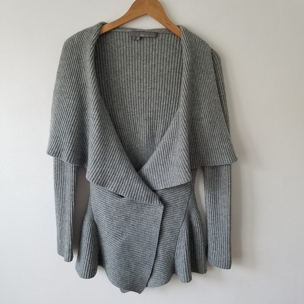 360 Cashmere Rib Knit Peplum Longsleeve Grey Cardigan Sweater Small